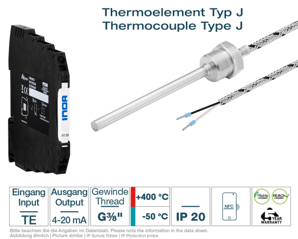 Hutschienen-Transmitter + Thermoelement Typ J G3/8 " Glasseide