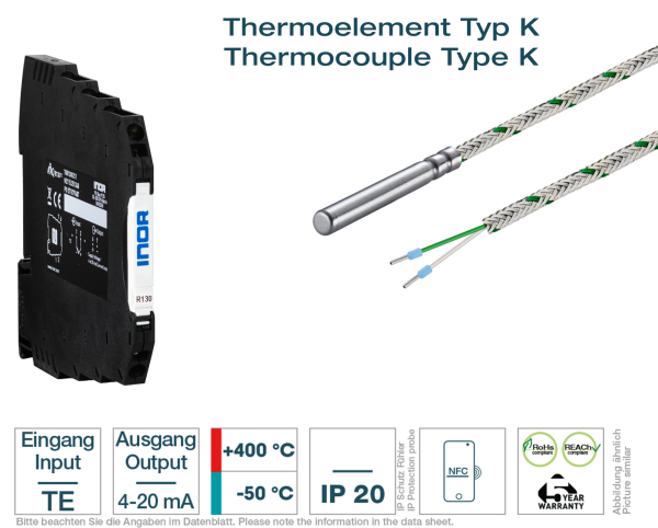Hutschienen-Transmitter + Kabel-Thermoelement Typ K Glasseide - Vorderansicht