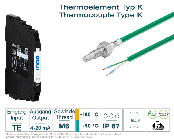 Hutschienen-Transmitter + Thermoelement Typ K M6 Silikon