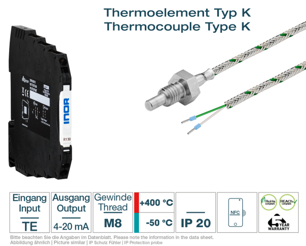 Hutschienen-Transmitter + Thermoelement Typ K M8 Glasseide