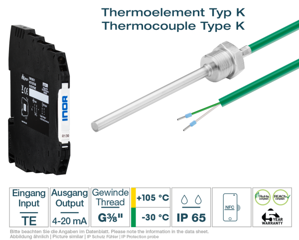 Hutschienen-Transmitter + Thermoelement Typ K G3/8 " PVC