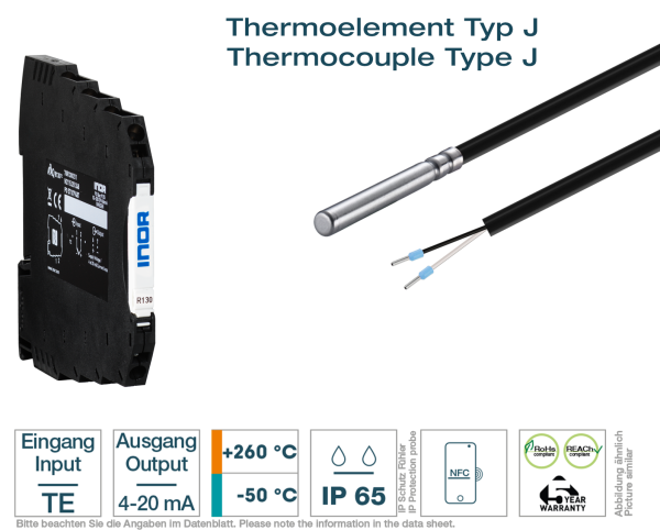 Hutschienen-Transmitter + Kabel-Thermoelement Typ J PFA - Vorderansicht