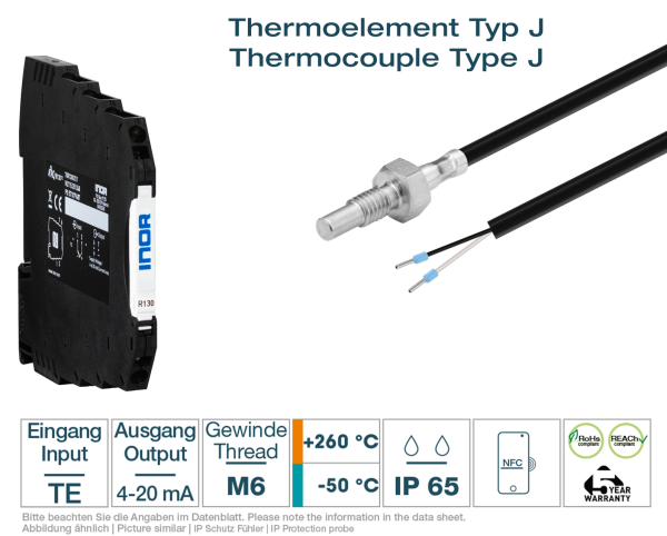 Hat rail transmitter + Thermocouple type J M6 PFA