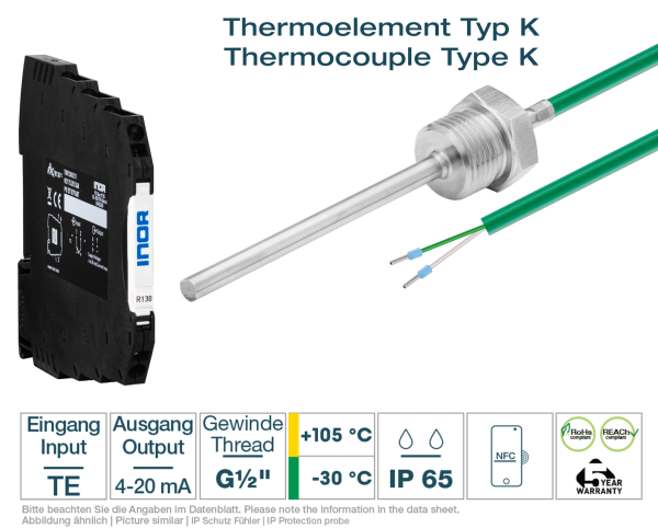 Hutschienen-Transmitter + Thermoelement Typ K G1/2 " PVC