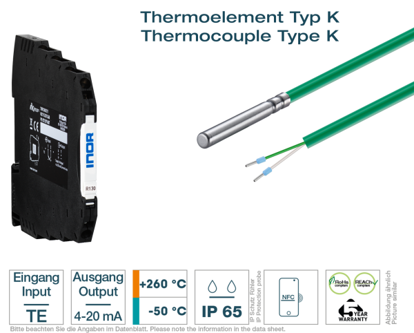 Hutschienen-Transmitter + Kabel-Thermoelement Typ K PFA - Vorderansicht