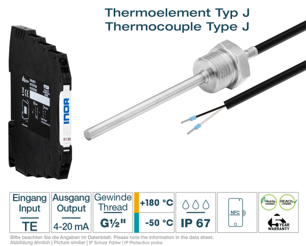 Hutschienen-Transmitter + Thermoelement Typ J G1/2 " Silikon