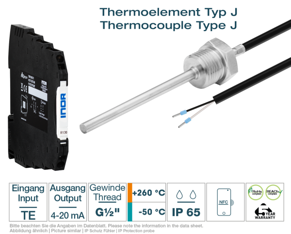 Hutschienen-Transmitter + Thermoelement Typ J G1/2 " PFA