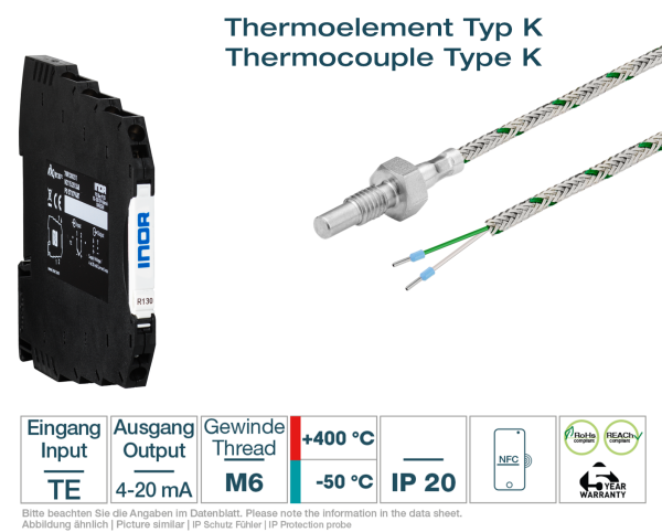 Hutschienen-Transmitter + Thermoelement Typ K M6 Glasseide