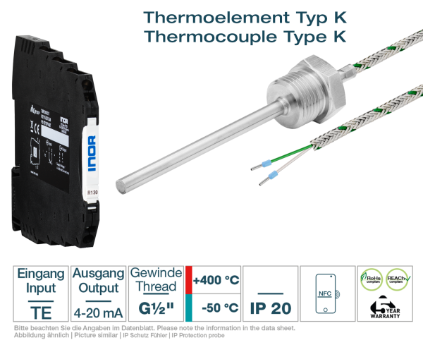 Hutschienen-Transmitter + Thermoelement Typ K G1/2 " Glasseide