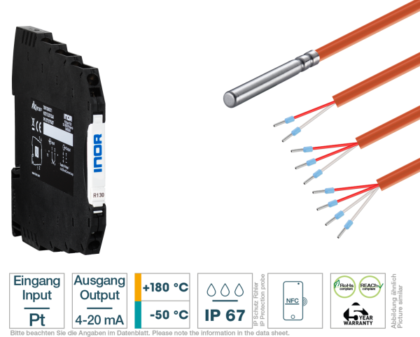 Hutschienen-Transmitter + Kabelfühler Silikon-Leitung - Vorderansicht