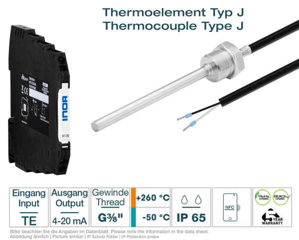 Hutschienen-Transmitter + Thermoelement Typ J G3/8 " PFA
