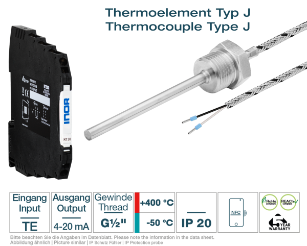 Hutschienen-Transmitter + Thermoelement Typ J G1/2 " Glasseide