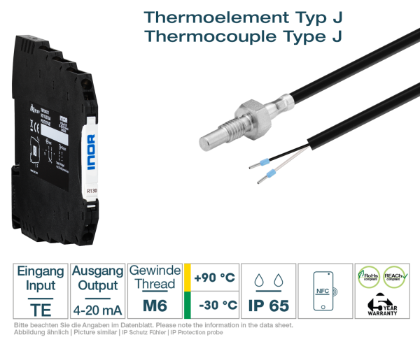 Hutschienen-Transmitter + Thermoelement Typ J M6 PVC