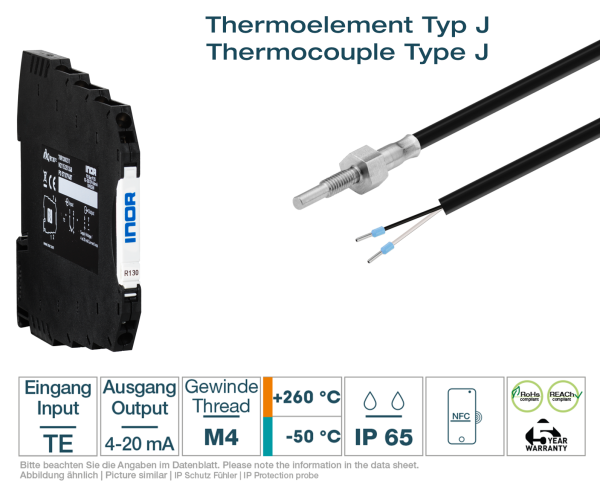 Hutschienen-Transmitter + Thermoelement Typ J M4 PFA