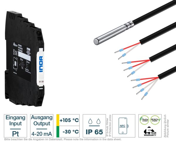 Hutschienen-Transmitter + Kabelfühler PVC-Leitung - Vorderansicht