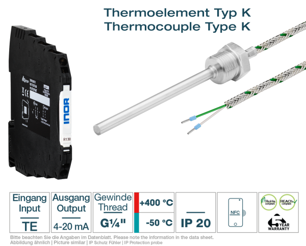 Hutschienen-Transmitter + Thermoelement Typ K G1/4 " Glasseide