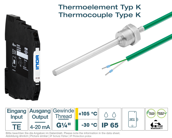 Hutschienen-Transmitter + Thermoelement Typ K G1/4 " PVC
