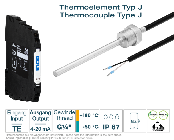 Hutschienen-Transmitter + Thermoelement Typ J G1/4 " Silikon