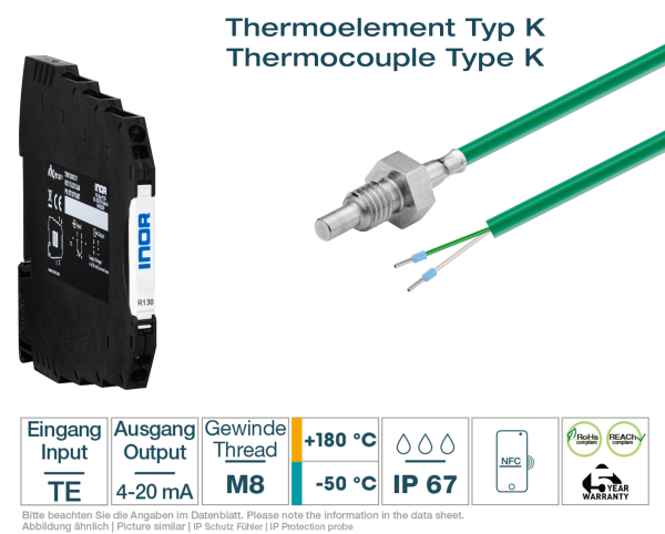Hutschienen-Transmitter + Thermoelement Typ K M8 Silikon