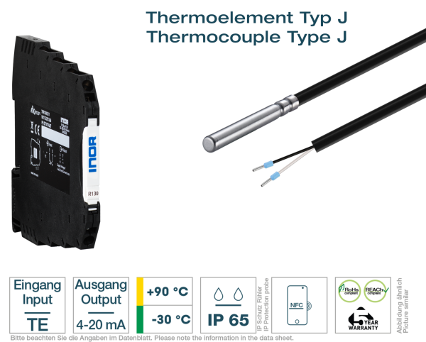 Hutschienen-Transmitter + Kabel-Thermoelement Typ J PVC - Vorderansicht