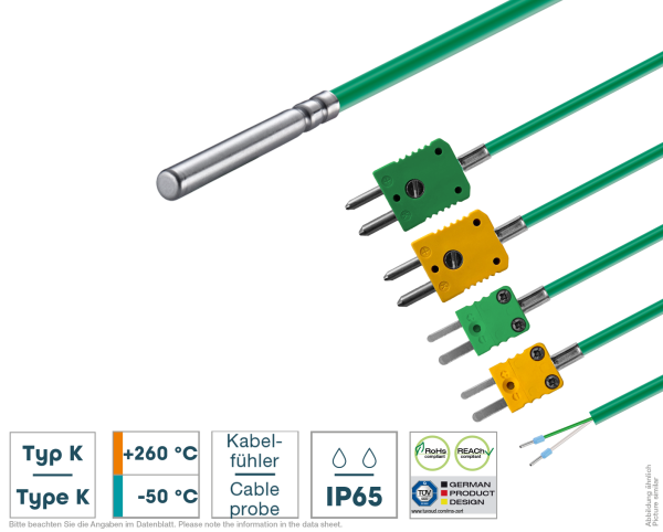 Kabel-Thermoelement Typ K mit PFA-Leitung Vorderansicht