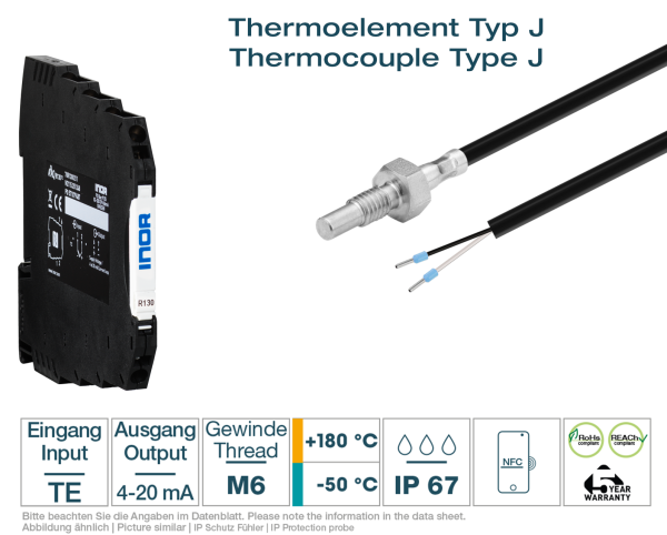Hutschienen-Transmitter + Thermoelement Typ J M6 Silikon