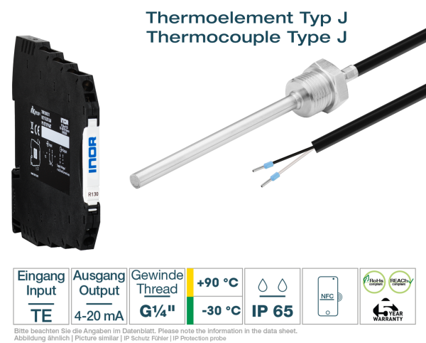 Hutschienen-Transmitter + Thermoelement Typ J G1/4 " PVC
