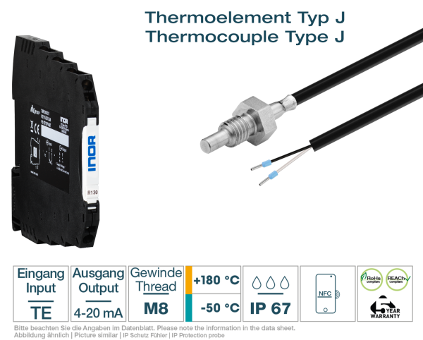 Hutschienen-Transmitter + Thermoelement Typ J M8 Silikon