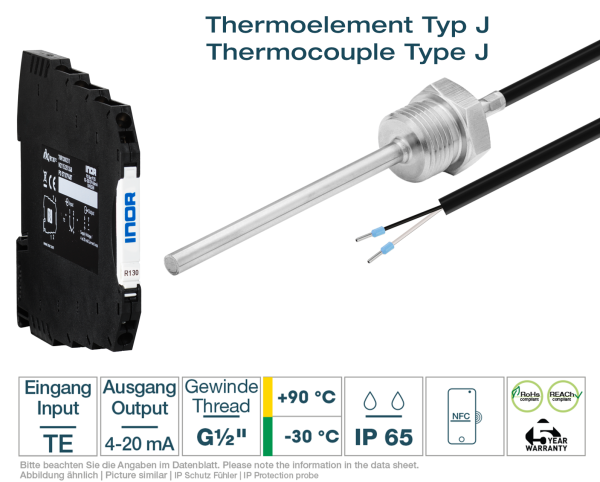 Hat rail transmitter + Thermocouple type J G1/2 " PVC