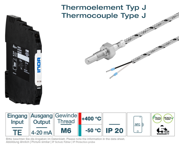 Hat rail transmitter + Thermocouple Type J M6 glass fibre