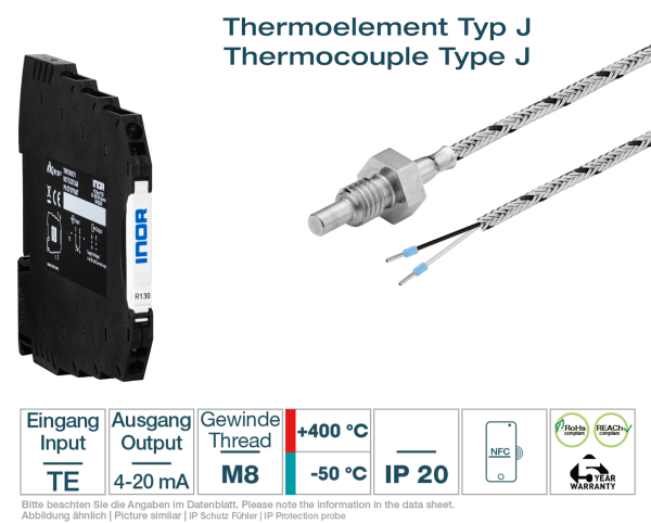 Hat rail transmitter + Thermocouple Type J M8 glass fibre